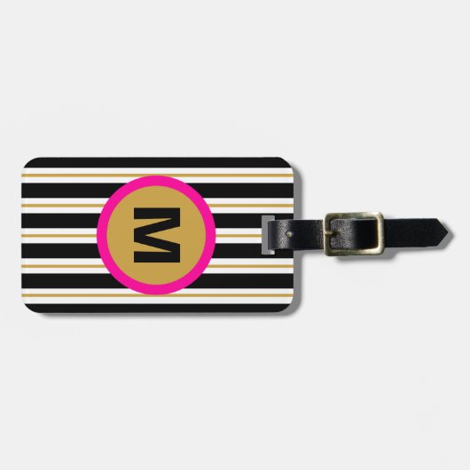 Modern Stripe Monogram Bagagelabel - zwart/goud (Voorkant horizontaal)