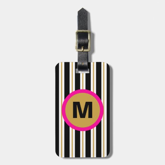 Modern Stripe Monogram Bagagelabel - zwart/goud (Voorkant verticaal)