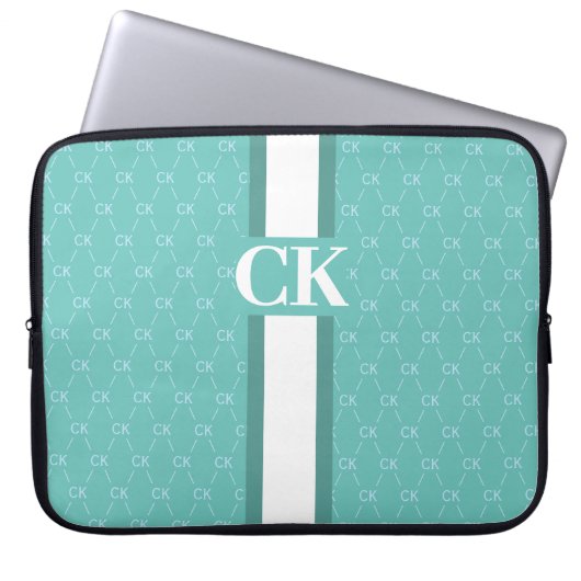 Modern Stripe Monogram met Ontwerppatroon Blauw La Laptop Sleeve (Voorkant)