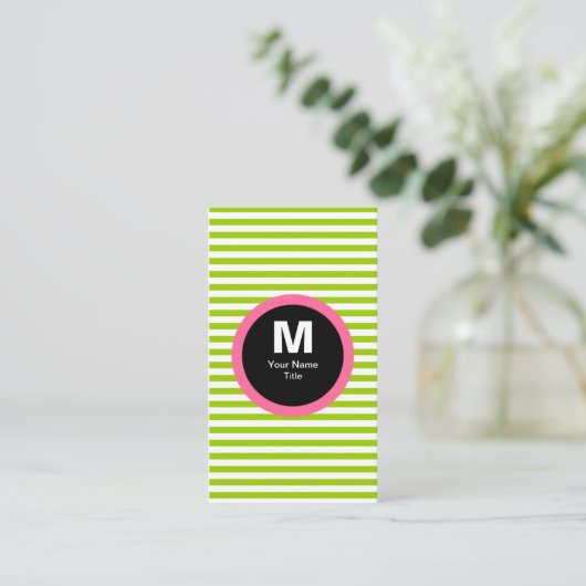 Modern Stripe Monogram Visitekaartje - Groen/Wit (Staand voorkant)