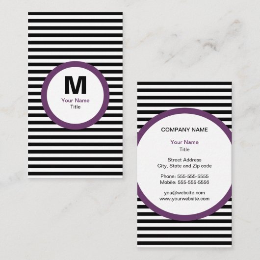 Modern Stripe Monogram Visitekaartje - zwart/wit (Voorkant / Achterkant)