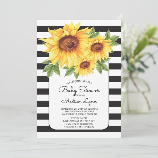 Modern Stripe Zonnebloem Baby shower Invitation Kaart (Staand voorkant)