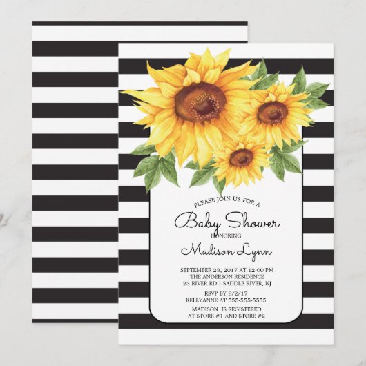 Modern Stripe Zonnebloem Baby shower Invitation Kaart (Voorkant / Achterkant)