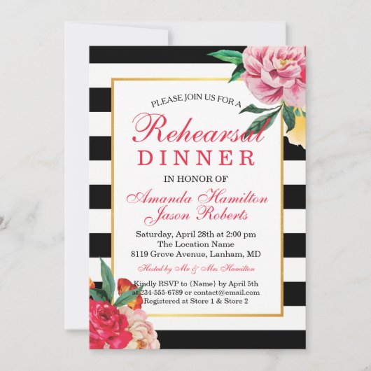 Modern Striped Floral Peony Rehearsal diner Kaart (Voorkant)