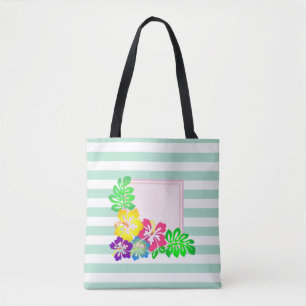 Modern Striped, Hawaii Hibiscus - Personalized Tote Bag