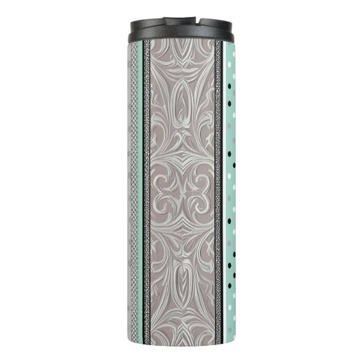 Modern Striped Mint Green and Grey Thermosbeker (Achterkant)