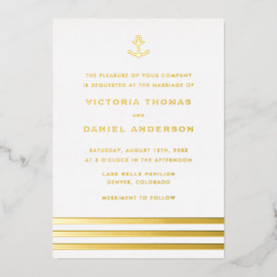 Modern Stripes Anchor Nautical Wedding Folie Uitnodiging