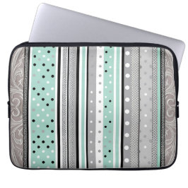 Modern Stripes and Polka Dots Green & Grey Laptop Sleeve