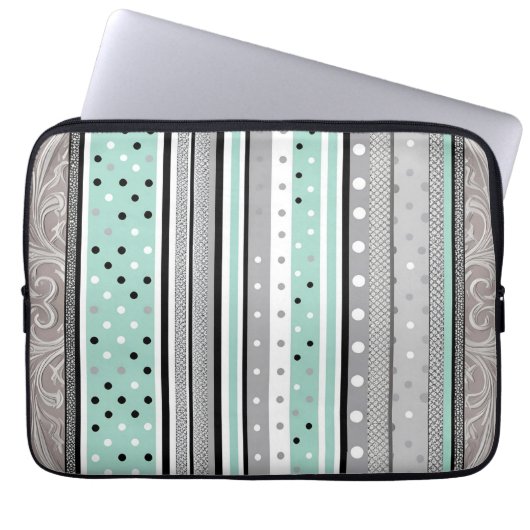 Modern Stripes and Polka Dots Green & Grey Laptop Sleeve (Voorkant)