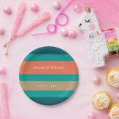 Modern Stripes Blauwgroen Blue Coral Wedding Papieren Bordje (Feest)