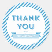 Modern Stripes Blue Baby shower dank u Ronde Sticker (Voorkant)