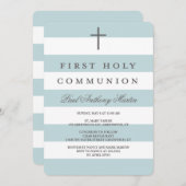 Modern Stripes eerste communie uitnodiging blauw (Voorkant / Achterkant)