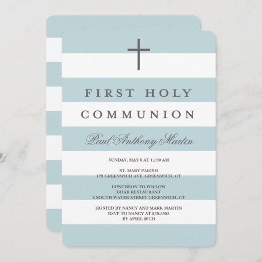 Modern Stripes eerste communie uitnodiging blauw (Voorkant / Achterkant)