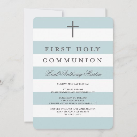 Modern Stripes eerste communie uitnodiging blauw (Voorkant)