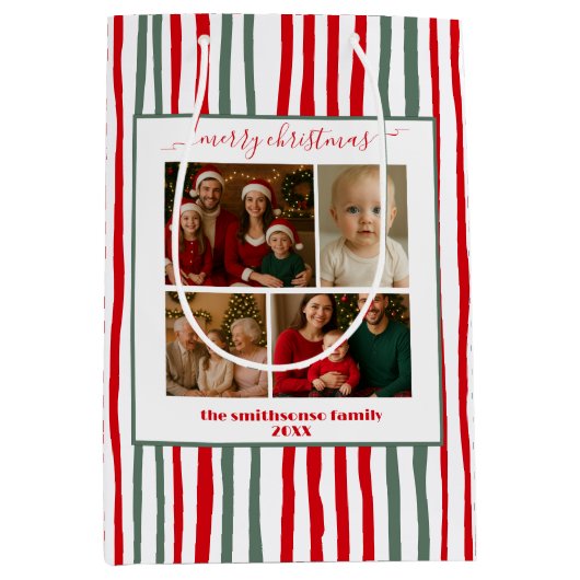Modern Stripes family Photo merry Christmas Medium Cadeauzakje (Voorkant)