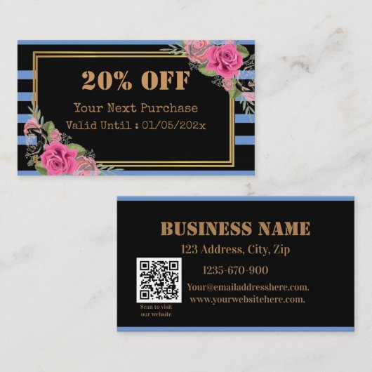 Modern Stripes Floral QR Code Korting Kaart (Voorkant / Achterkant)