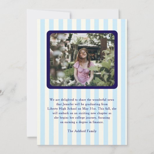 Modern Stripes Navy Blue 2 Foto Afstuderen Aankondiging (Achterkant)