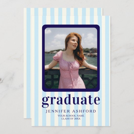 Modern Stripes Navy Blue 2 Foto Afstuderen Aankondiging (Voorkant / Achterkant)