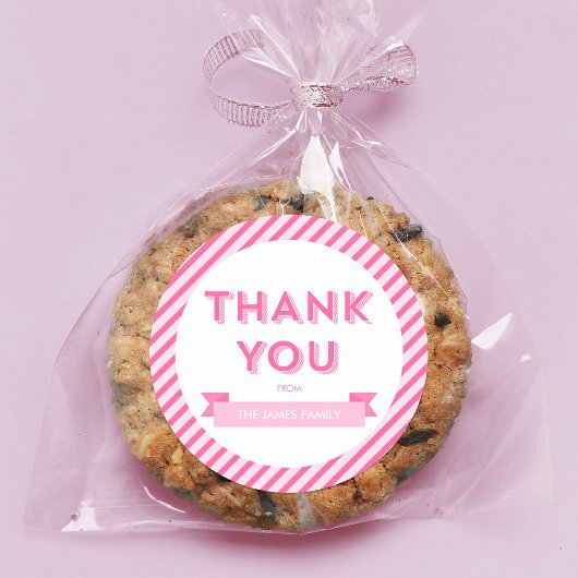 Modern Stripes Roze Baby shower Dank u Ronde Sticker