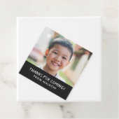 Modern Stripes Verjaardagsfoto Dank u zwart Bedankjes Labels (In situ)