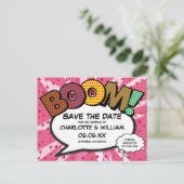 Modern Strips Boek BOOM Roze Bewaar de Datum Briefkaart (Staand voorkant)