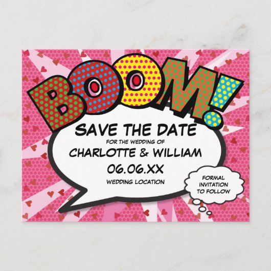Modern Strips Boek BOOM Roze Bewaar de Datum Briefkaart (Voorkant)