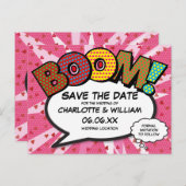 Modern Strips Boek BOOM Roze Save the Date Briefkaart (Voorkant / Achterkant)