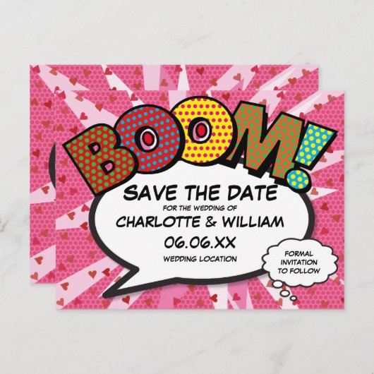 Modern Strips Boek BOOM Roze Save the Date Briefkaart (Voorkant / Achterkant)