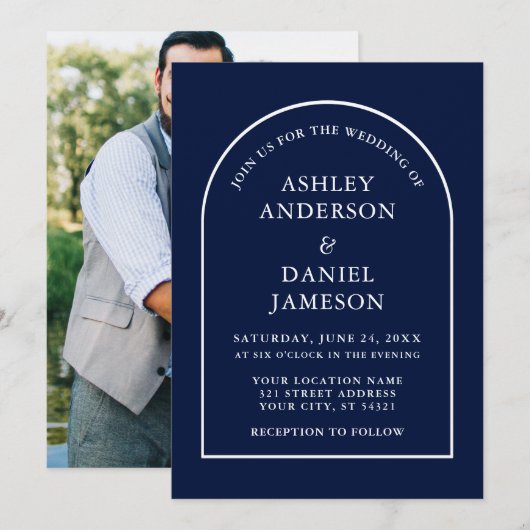 Modern Stylish Arch Blue Photo Wedding Kaart (Voorkant / Achterkant)