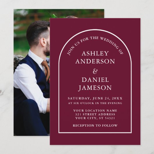 Modern Stylish Arch Burgundy Photo Wedding Kaart (Voorkant / Achterkant)