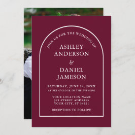 Modern Stylish Arch Burgundy Photo Wedding Kaart