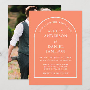 Modern Stylish Arch Coral Photo Wedding Kaart
