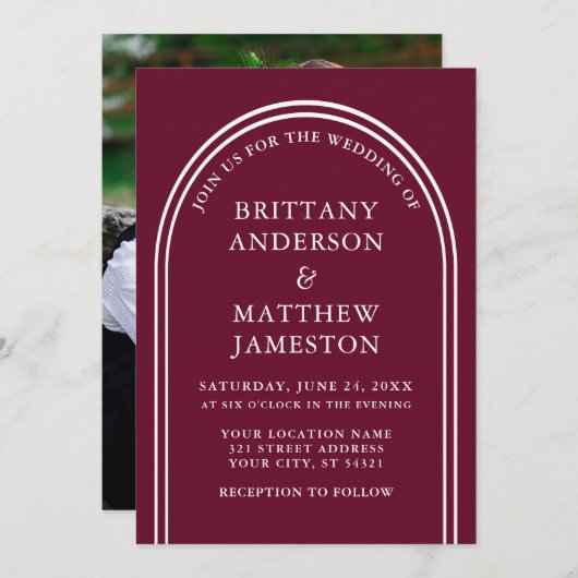 Modern Stylish Arch Wedding Burgundy Foto Kaart (Voorkant / Achterkant)