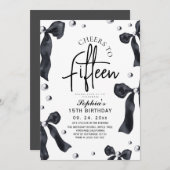 Modern & Stylish Black Bow Birthday Party Kaart (Voorkant / Achterkant)