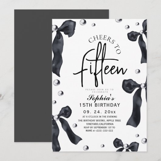 Modern & Stylish Black Bow Birthday Party Kaart (Voorkant / Achterkant)