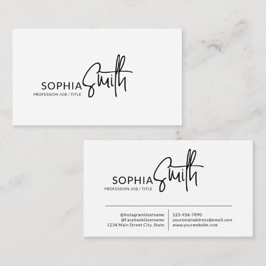 Modern Stylish Black & White Handwritten Script Visitekaartje (Voorkant / Achterkant)