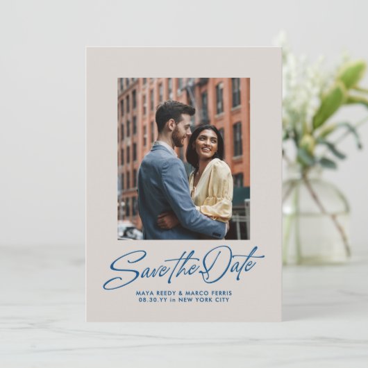 Modern stylish blue script two photo save the date (Staand voorkant)