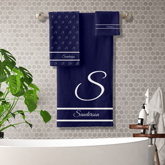 Modern Stylish Navy Blue en White Monogram Bath Bad Handdoek