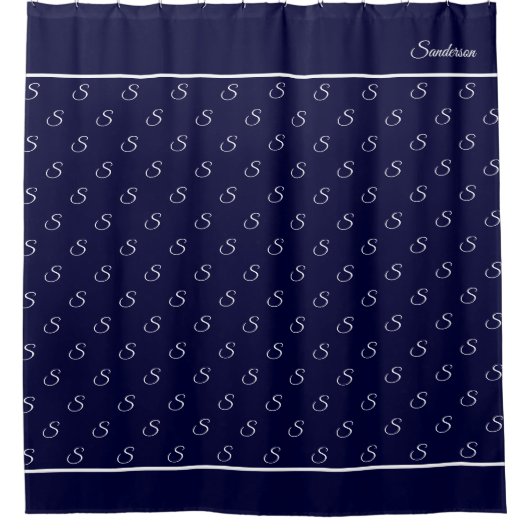 Modern Stylish Navy Blue en White Monogram Bath Douchegordijn (Voorkant)