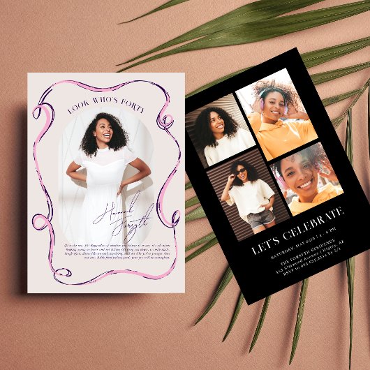 Modern Stylish Ribbon Frame Photo Birthday Kaart