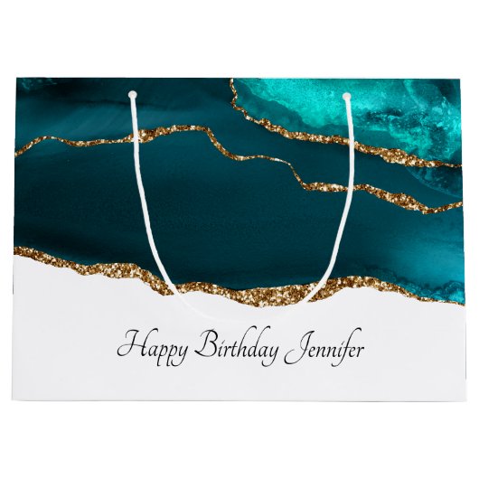 Modern Stylish Teal Agate & Gold Ribbon Birthday Groot Cadeauzakje (Voorkant)