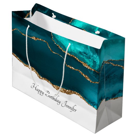 Modern Stylish Teal Agate & Gold Ribbon Birthday Groot Cadeauzakje (Voorkant Gekanteld)