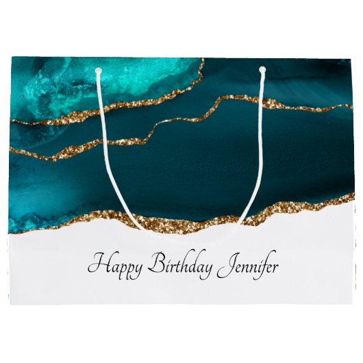 Modern Stylish Teal Agate & Gold Ribbon Birthday Groot Cadeauzakje (Achterkant)