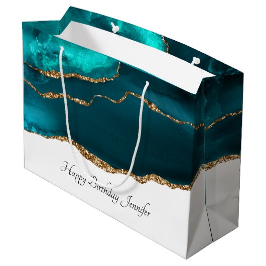 Modern Stylish Teal Agate & Gold Ribbon Birthday Groot Cadeauzakje (Achterkant Gekanteld)