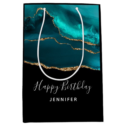 Modern Stylish Teal Agate & Gold Ribbon Birthday Medium Cadeauzakje (Voorkant)