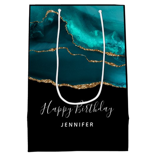 Modern Stylish Teal Agate & Gold Ribbon Birthday Medium Cadeauzakje (Achterkant)
