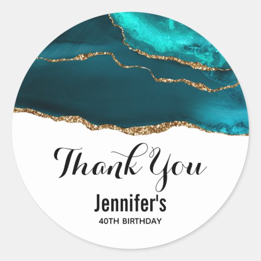 Modern Stylish Teal Agate & Gold Ribbon Birthday Ronde Sticker (Voorkant)