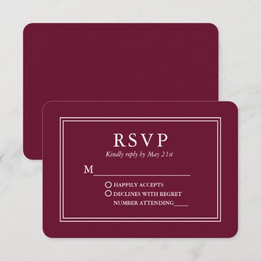 Modern Stylish Wedding Burgundy RSVP Kaartje (Voorkant / Achterkant)