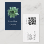 Modern Succulent Botanical Navy Blue QR code Visitekaartje (Voorkant / Achterkant)