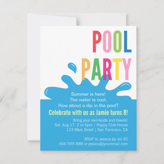 Modern Summer Birthday Pool Party Invitations Kaart (Voorkant)